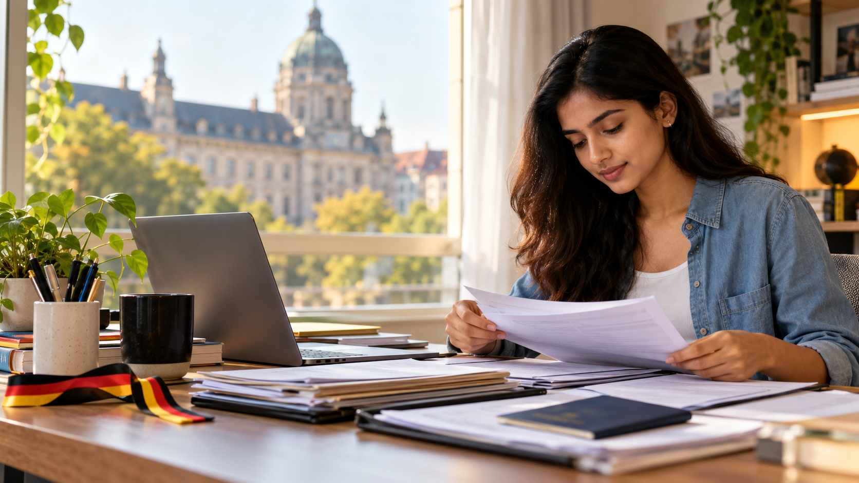 Indian student organising academic documents for an APS certificate and German university application