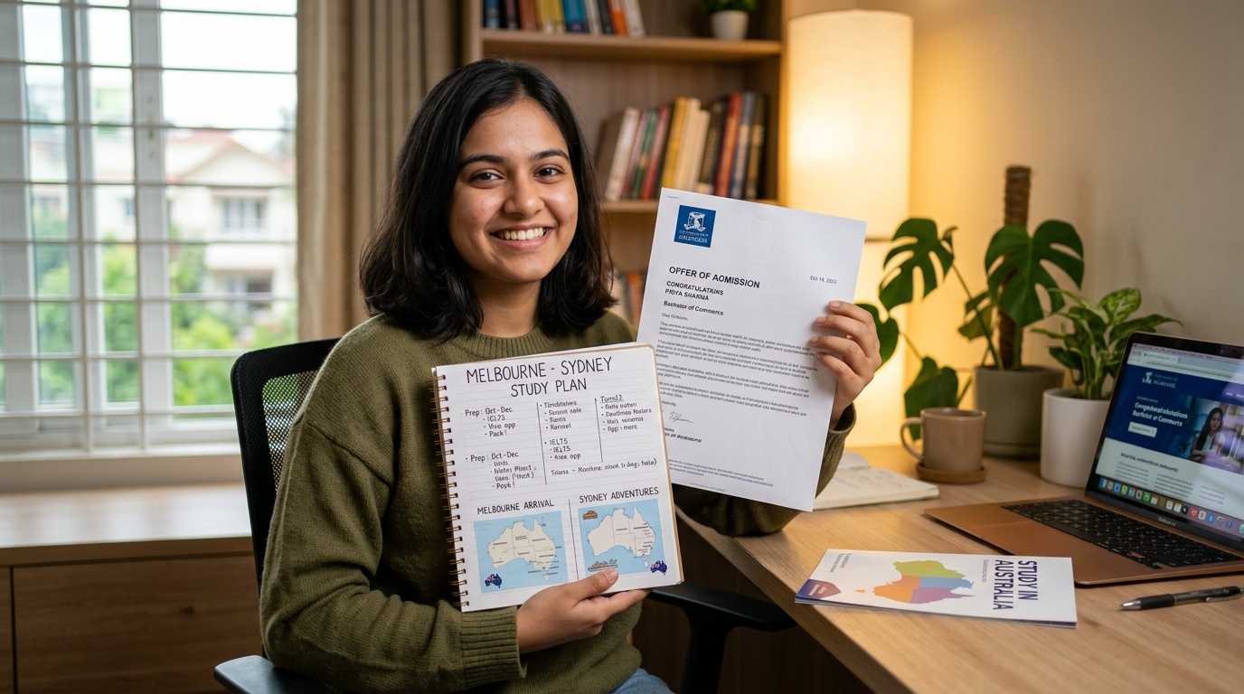 Indian student holding Australian university admission letter and study plan