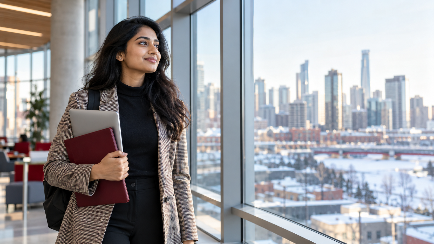 Indian graduate holding a laptop and document folder while looking across a Canadian city from a bright career centre