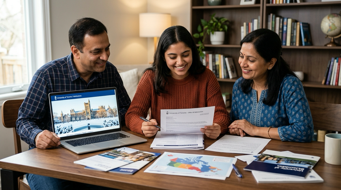 Indian student and parents reviewing Canadian university admission letter and study permit documents