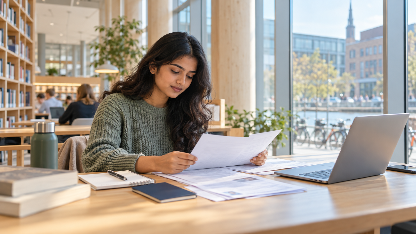 Indian student reviewing Denmark residence-permit documents in a bright university library