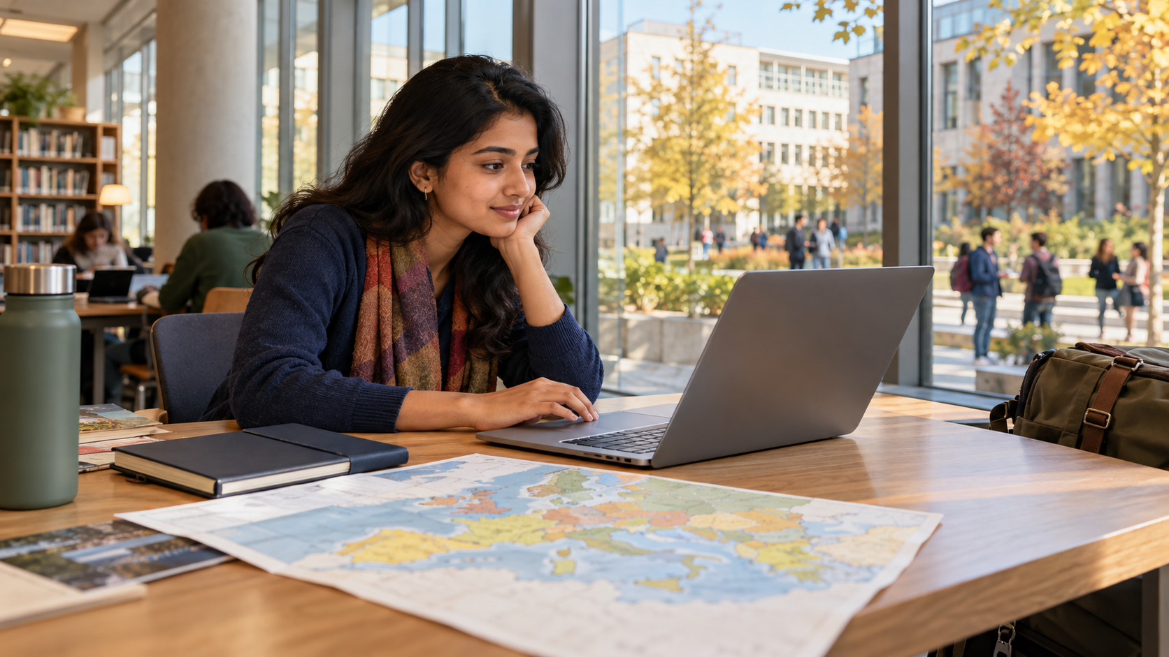 Indian postgraduate student researching Erasmus Mundus study options in a European university library
