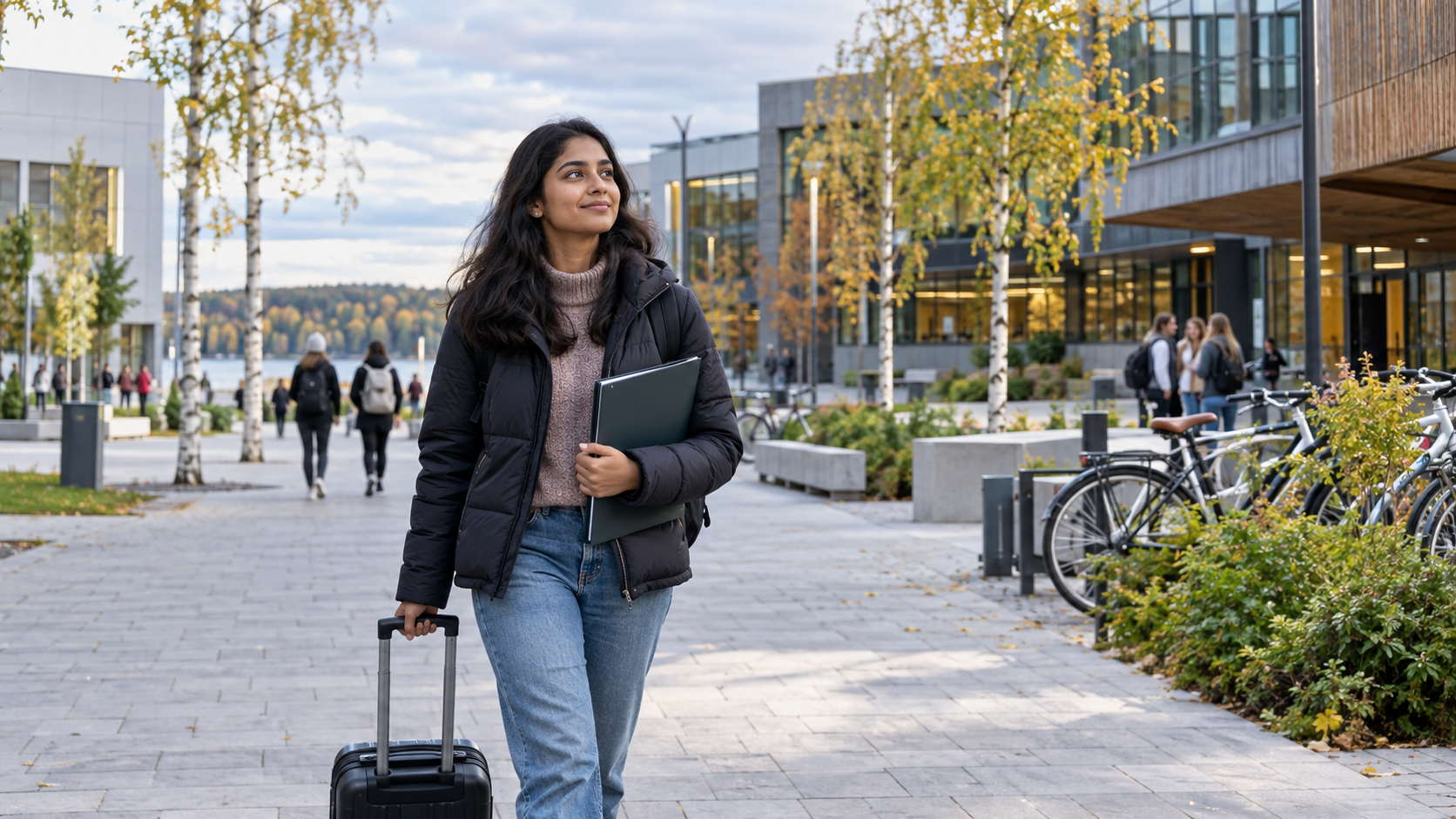 Indian student arriving with luggage at a modern university campus in Finland