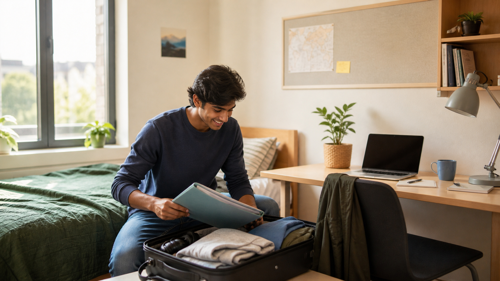 International student settling into a new student room after arrival
