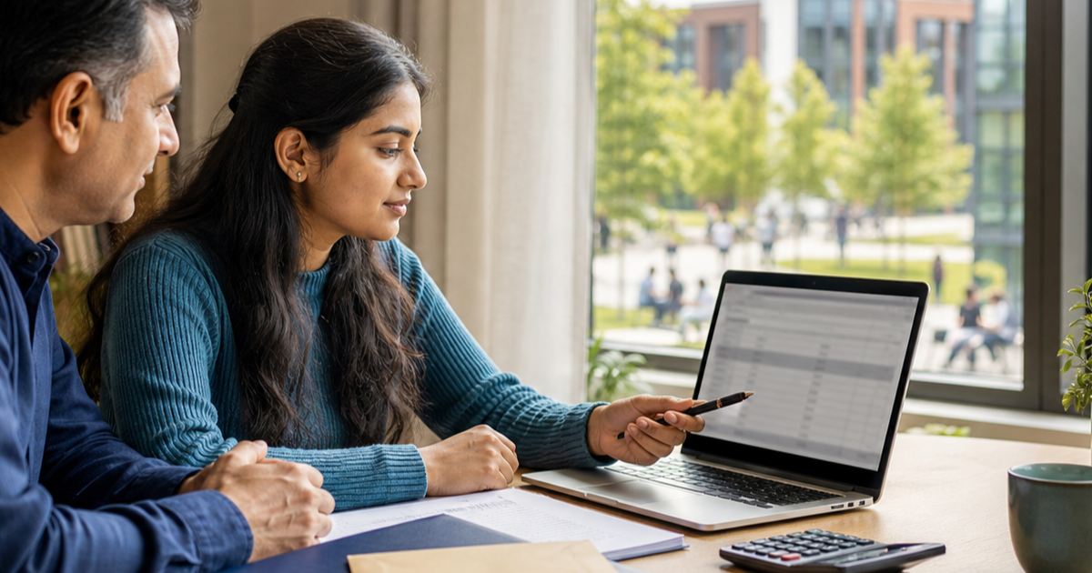 Indian student and parent planning a Germany student visa budget at a desk