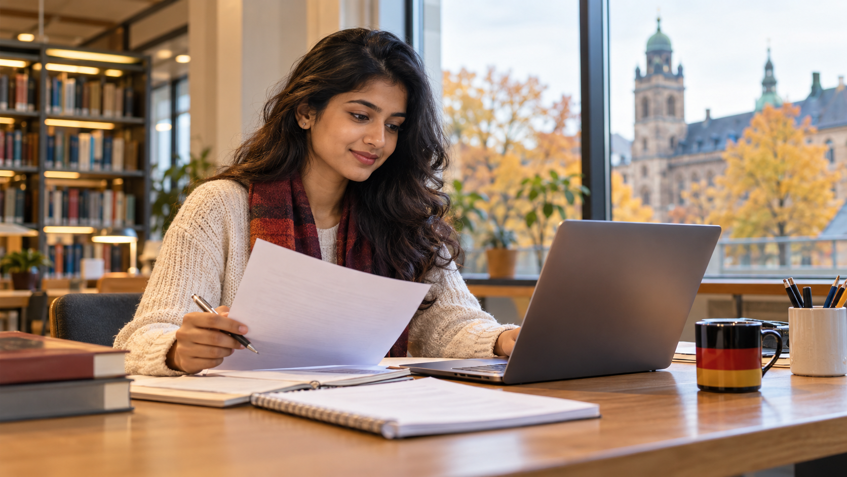 Indian student preparing a Germany Winter Semester 2027 university application in a library