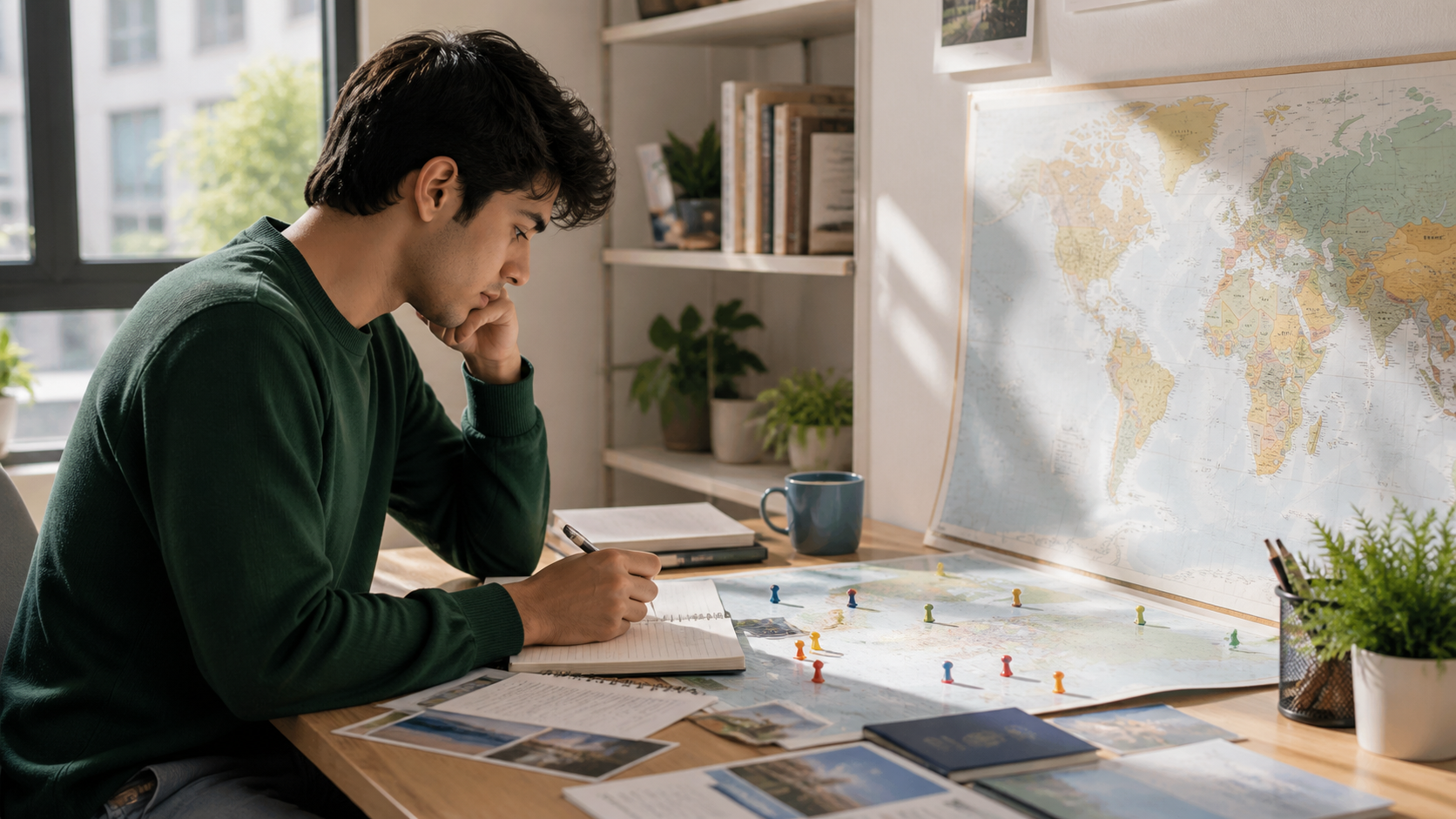 Student comparing international study destinations using a world map