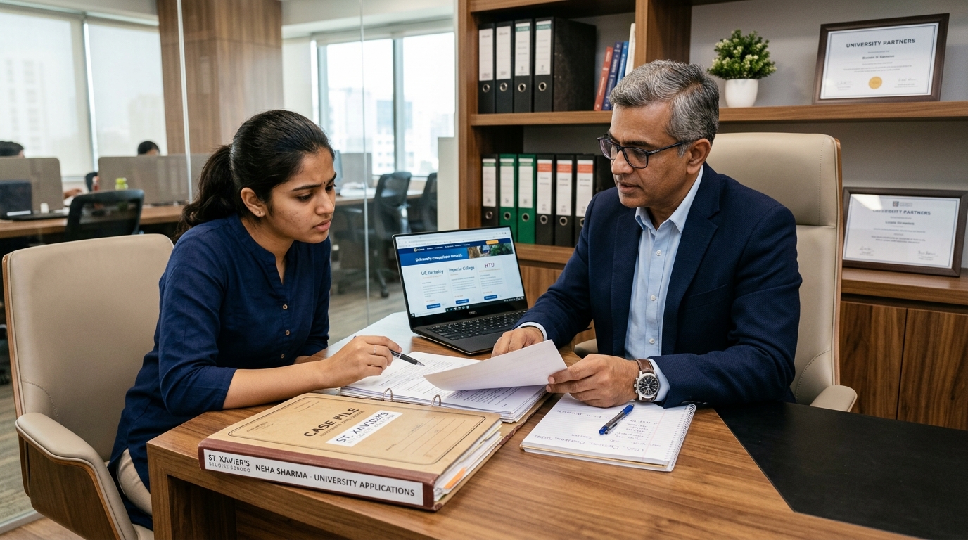 Indian student and senior visa consultant reviewing student visa refusal letter and case notes at a desk