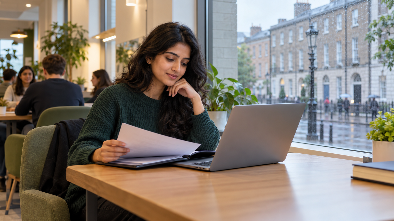 Indian graduate reviewing career documents in a bright Dublin university career centre on a rainy day