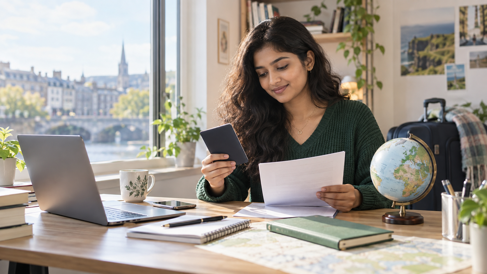 Indian student reviewing Ireland study visa documents and university plans at a desk
