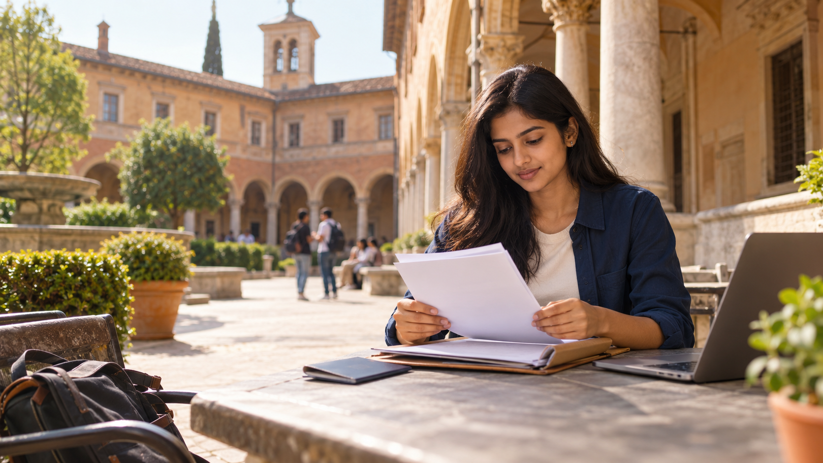Indian student reviewing university and visa documents beside an Italian university campus