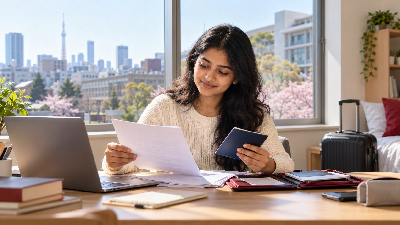 Indian student organising Japan study visa documents beside a laptop and suitcase in a bright Tokyo study room