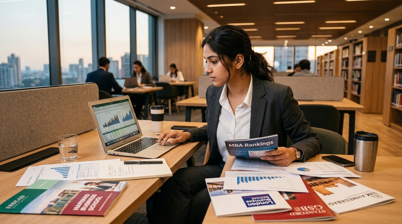 Indian business professional reviewing international MBA rankings, curriculum, and admissions criteria