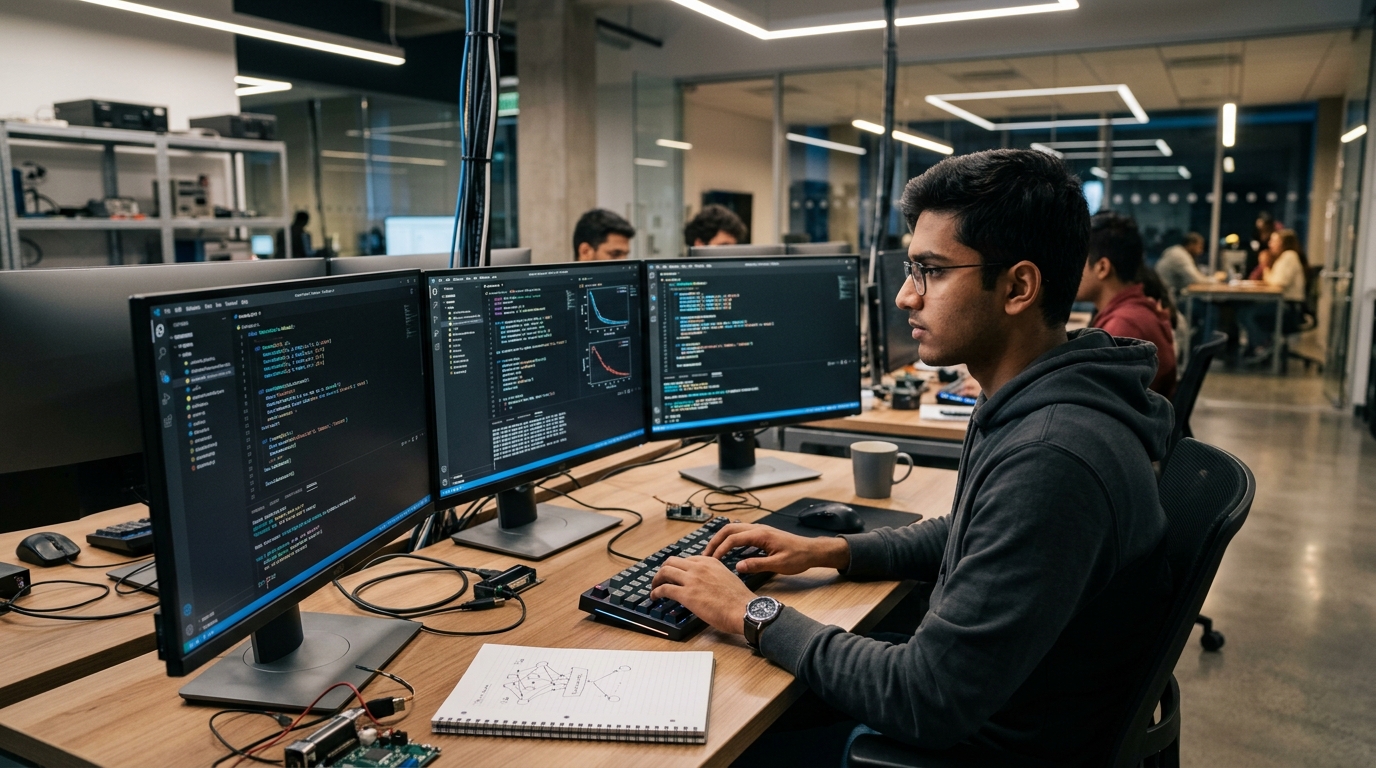 Indian computer science graduate student coding machine learning algorithms in a modern university lab