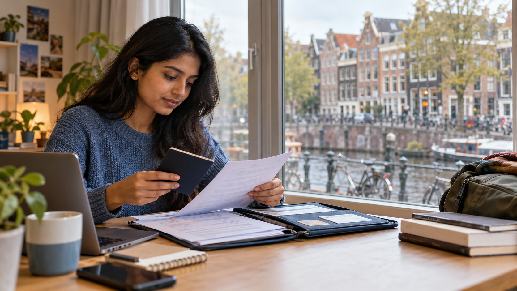 Indian student reviewing passport and residence-permit documents beside a Dutch canal