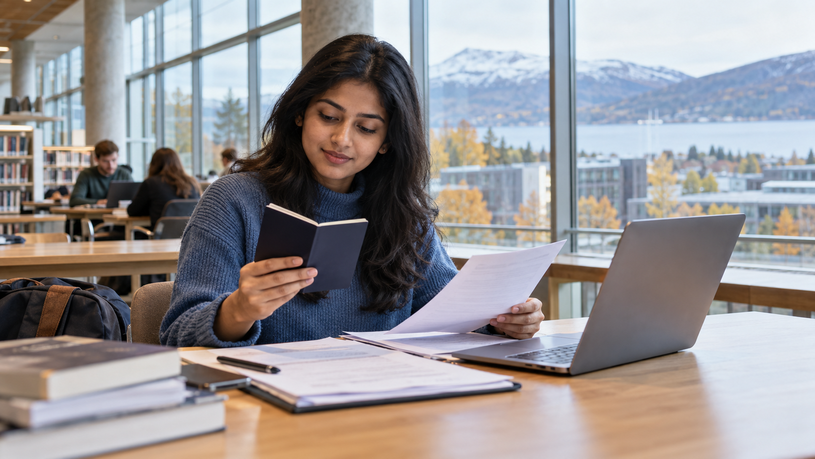 Indian student reviewing study-permit documents in a Norwegian university library