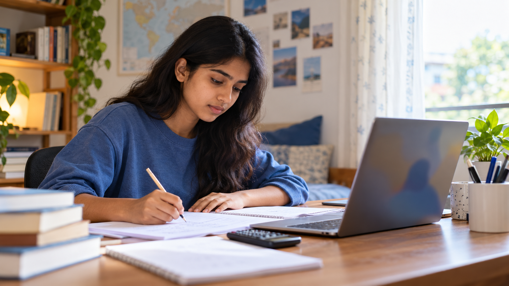 Indian high-school student preparing for the digital SAT with a laptop, notebook, and calculator