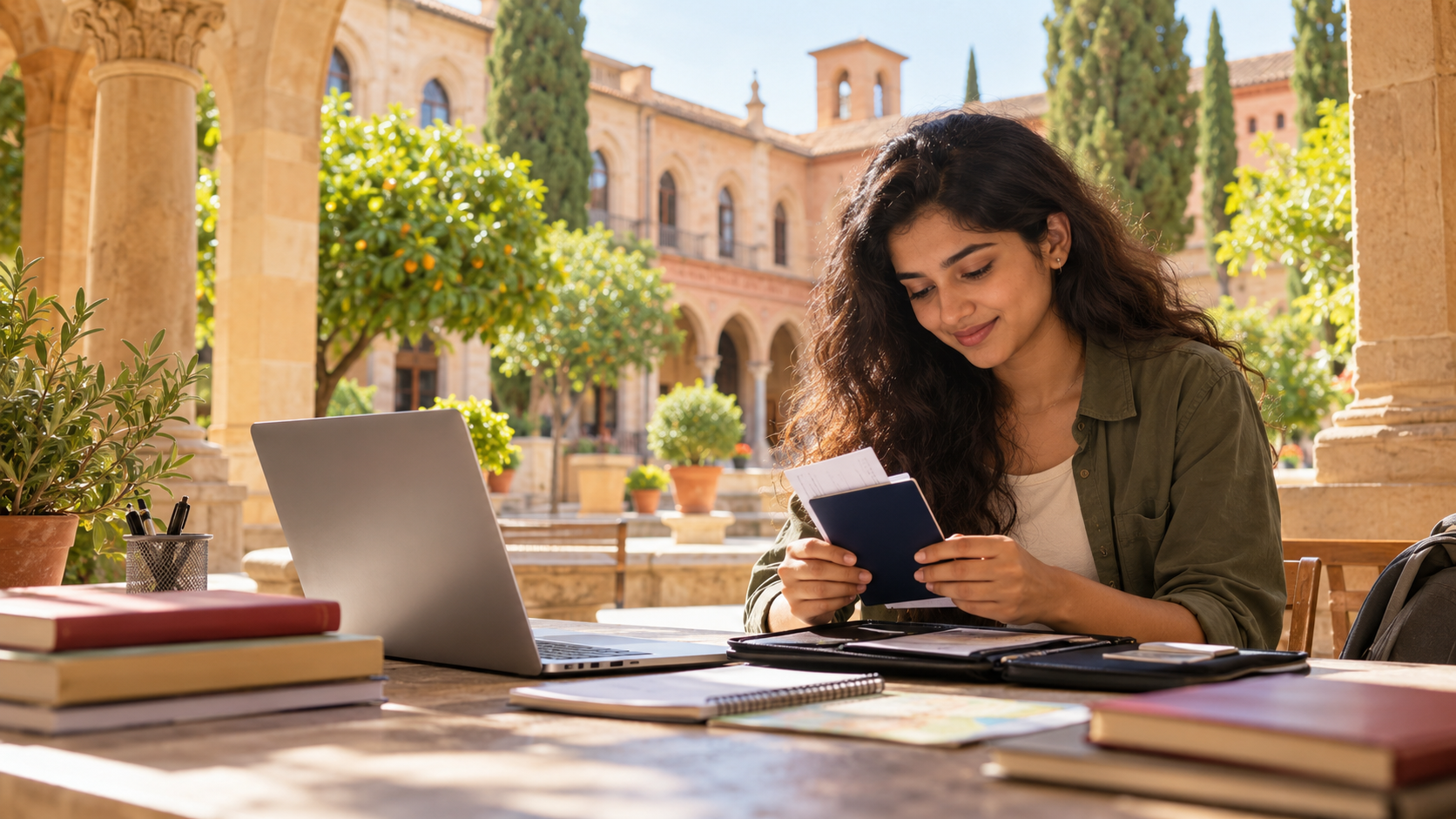 Indian university student organising study documents in a sunlit Spanish campus courtyard