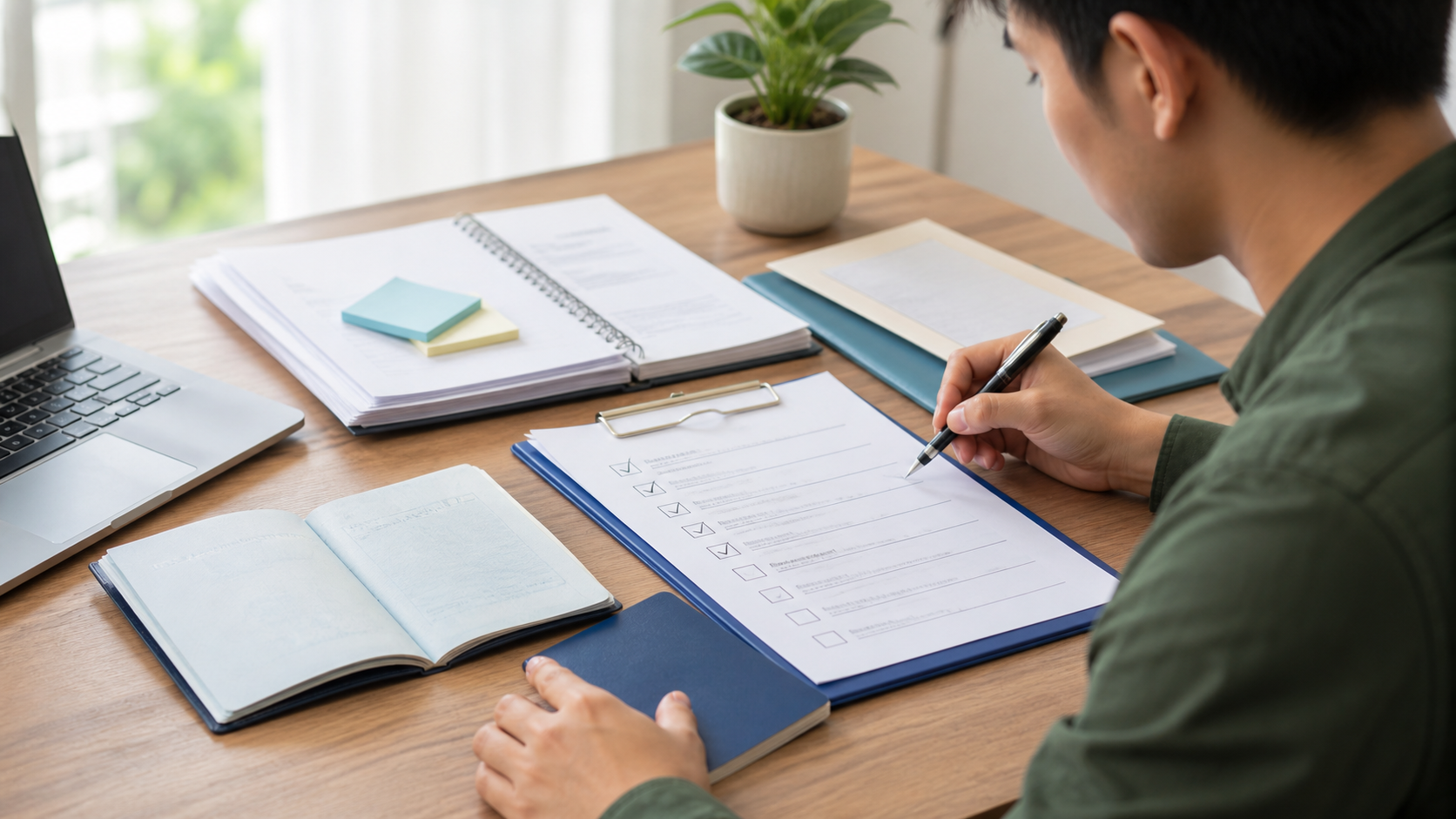 Student reviewing an organised visa application checklist