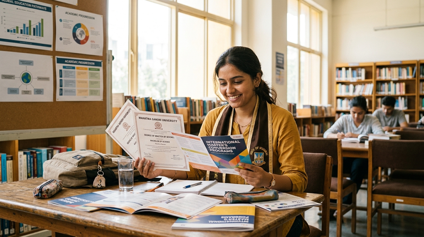 Indian graduate student holding degree certificate and exploring international master conversion options