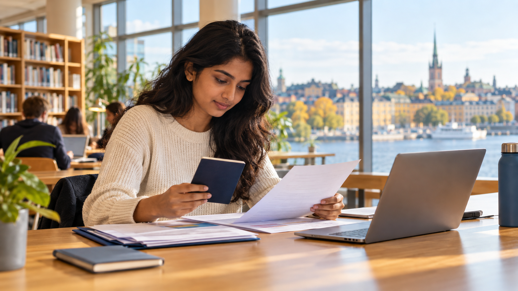 Indian student reviewing passport and Sweden residence-permit papers in a university library