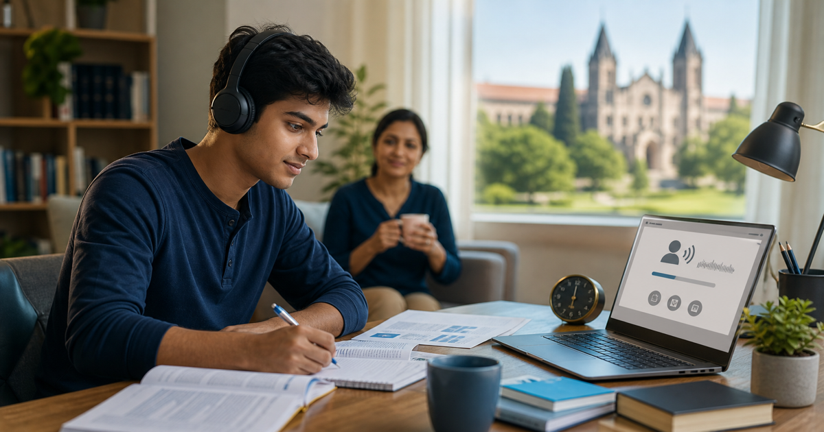 Indian student preparing for an English test while a parent supports the study plan