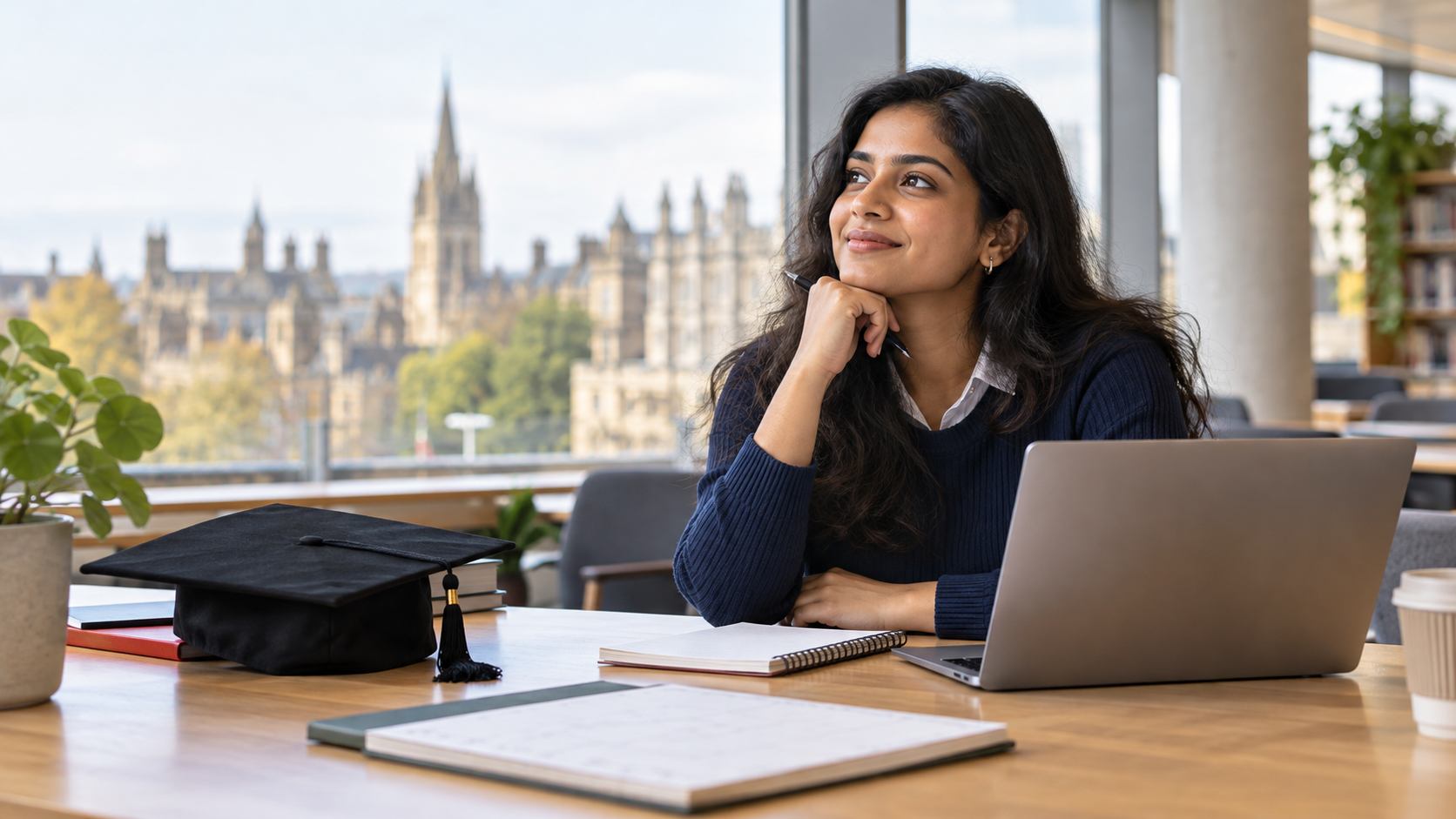 Indian graduate planning an early-career job search at a UK university workspace