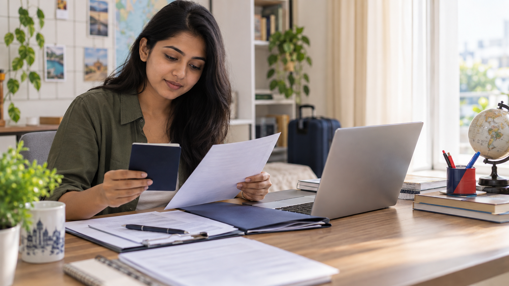 Indian student reviewing a passport and UK Student visa application documents at a home study desk
