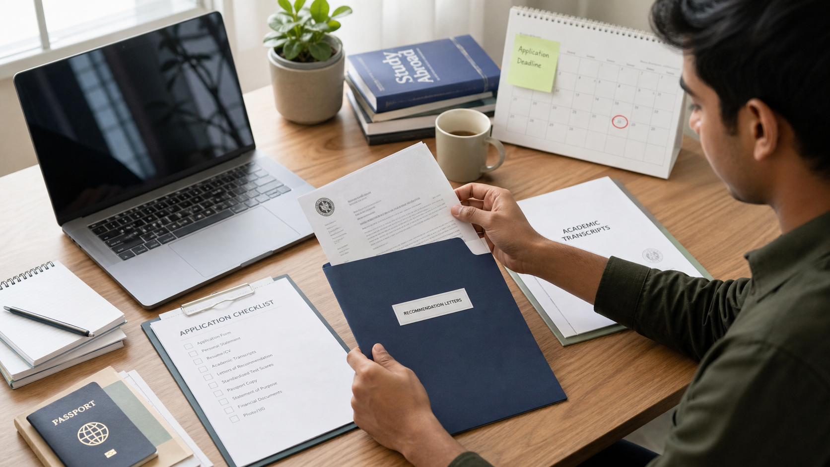 Student organising documents for international university applications