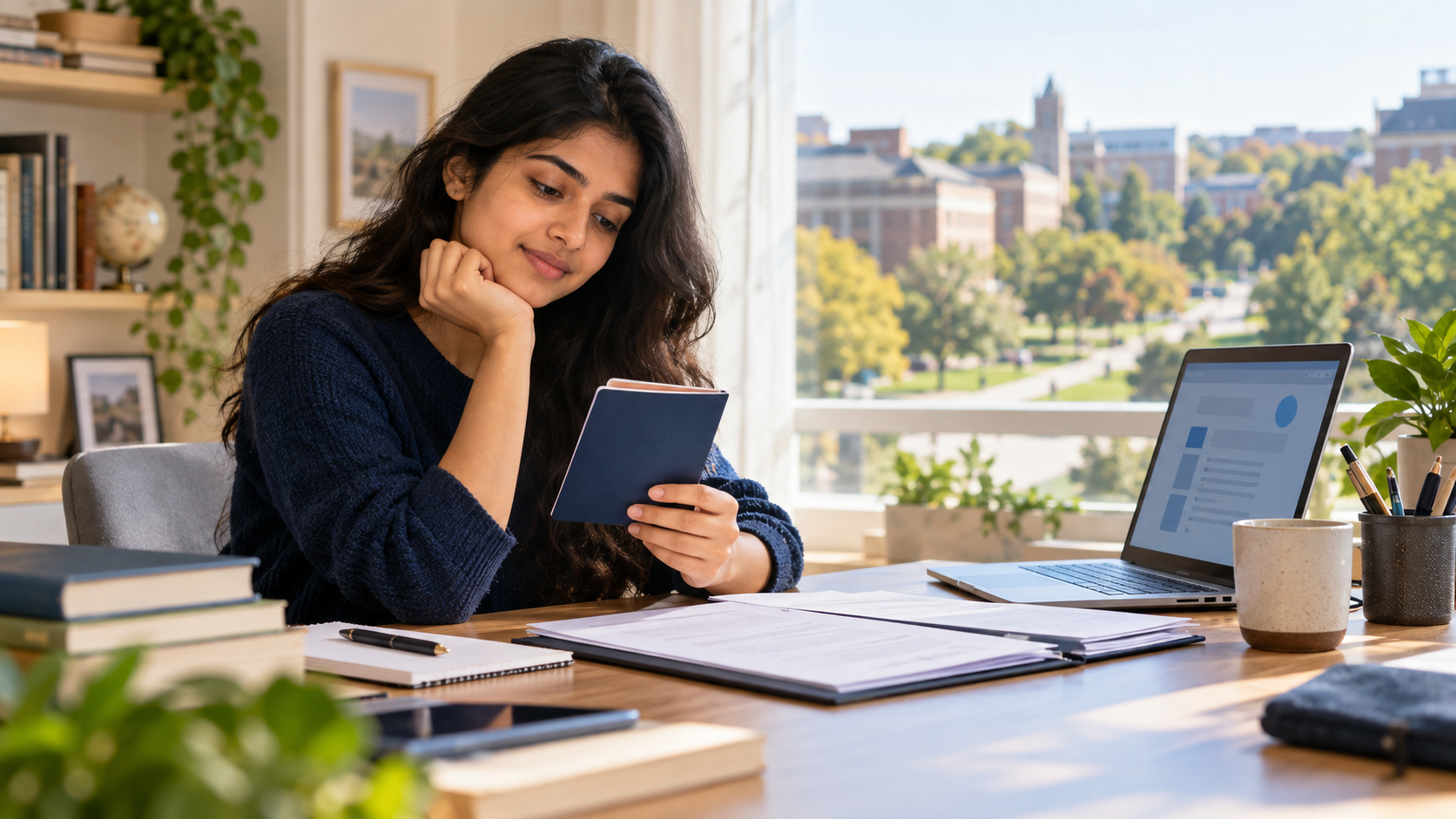 Indian student reviewing a passport and university application documents for US study
