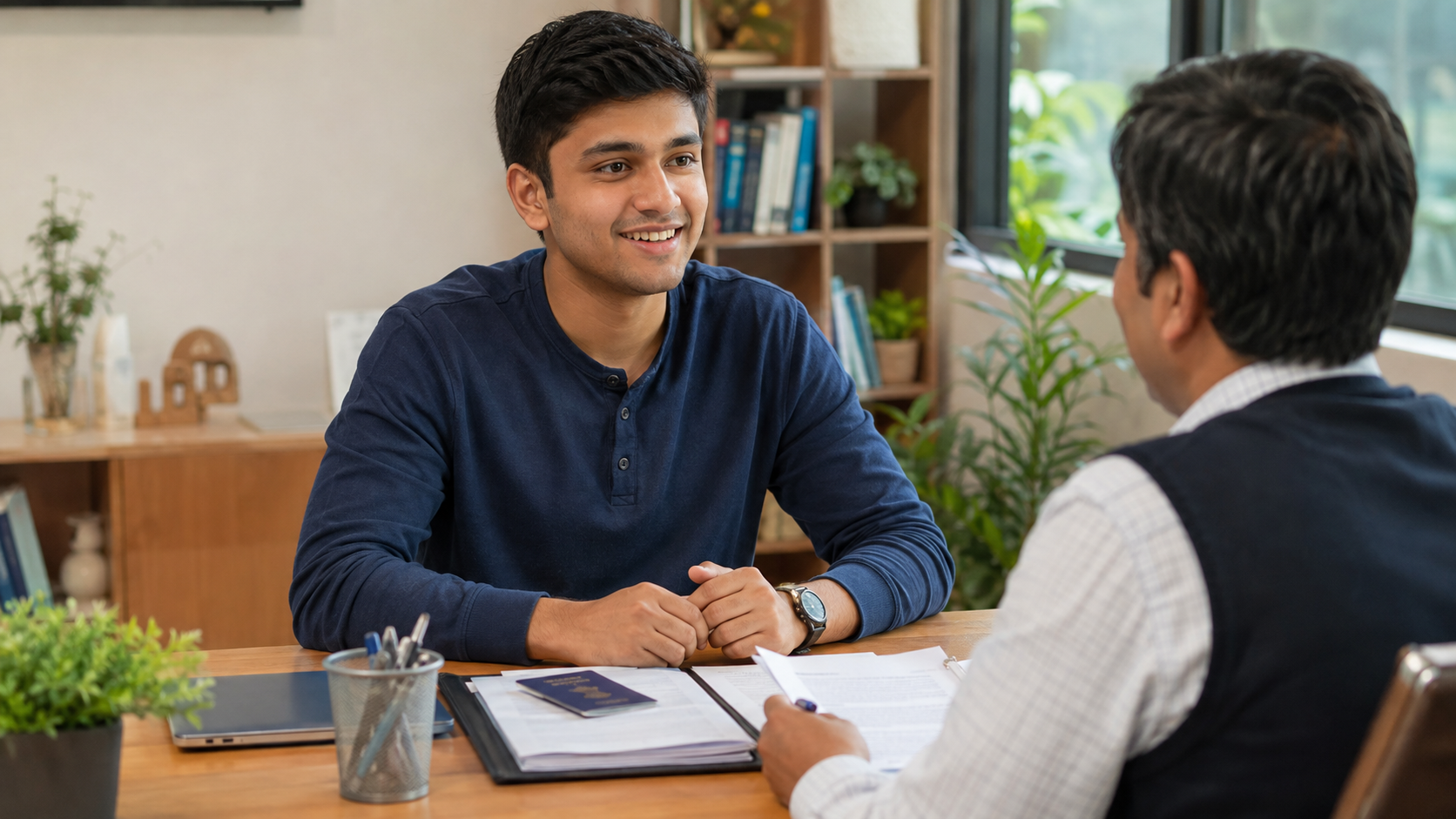 Indian student practising for a United States F-1 visa interview with a counsellor